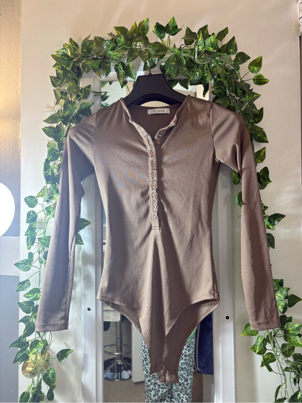 Taupe Ribbed Long-Sleeve Henley Bodysuit